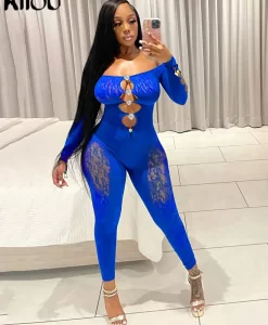 Kliou Sexy Hollow Out See Through Jumpsuits Women Solid Seductive Midnight Off Shoulder Long Sleeve Body-Shaping Clubwear Outfit 1
